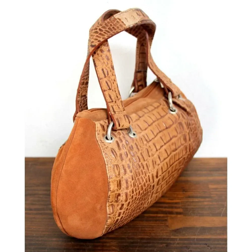 CB Pelletterie BROWN CROCO EMBOSSED GENUINE LEATHER ZIP TOP SMALL HANDBAG PURSE